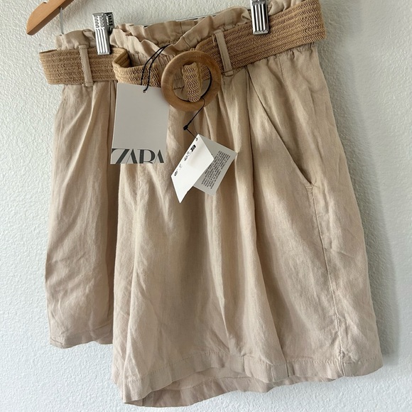 NWT Zara High Waist Paper Bag Shorts with Belt in Tan - Picture 3 of 6